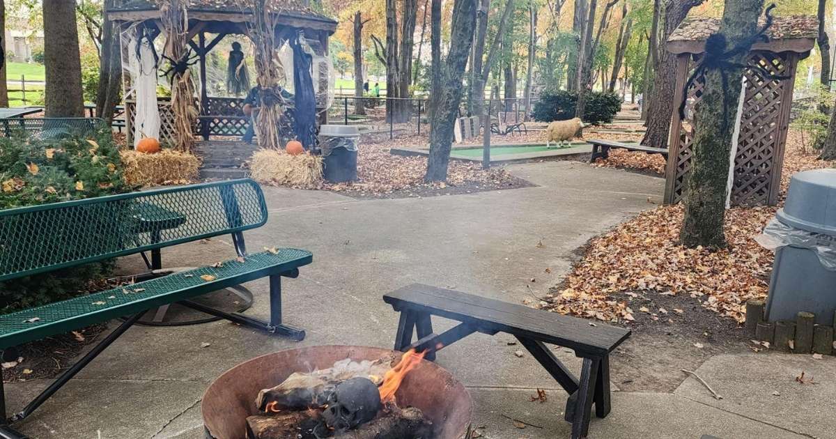 Halloween decorations on the mini-golf course outside Vince's Sport Center