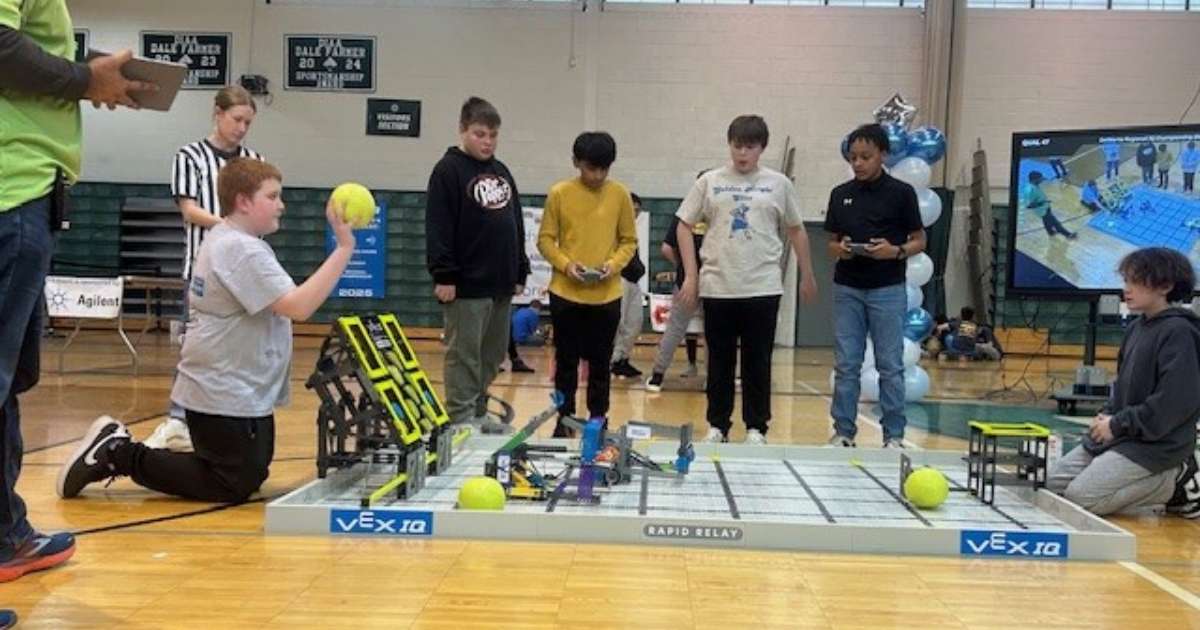 The robotics team at Millsboro Middle School practicing with robots
