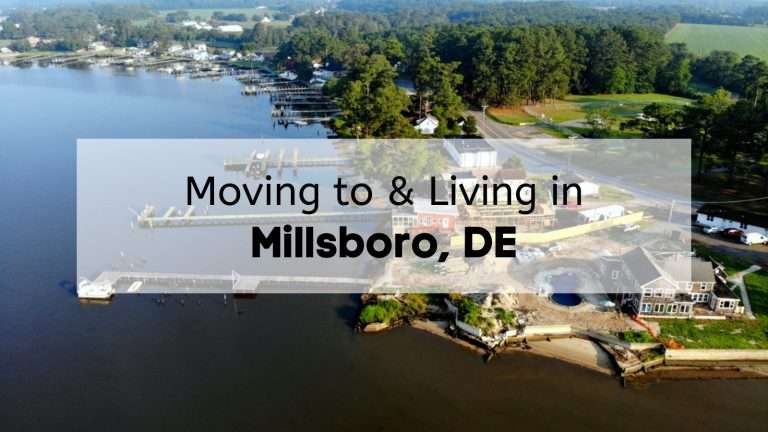 A dock near Millsboro Delaware with the text, "Moving to and Living in Millsboro, DE," overlaid