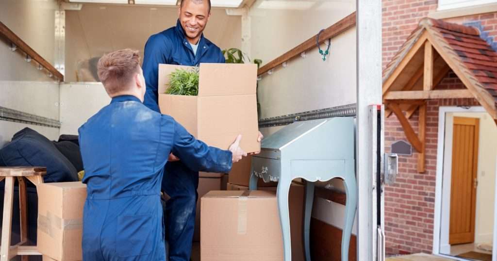 Two Long Neck Delaware movers loading a packed box onto a moving truck.