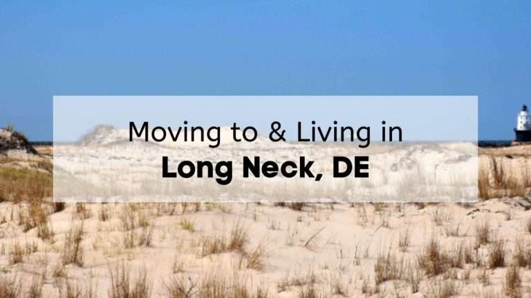 A beach in Sussex County near Long Neck, with the text, "Moving to & Living in Long Neck, DE" overlaid