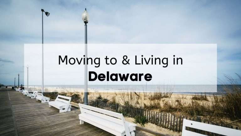 Benches on the boardwalk at Rehoboth Beach with the text &ldquo;moving to and living in Delaware&rdquo;